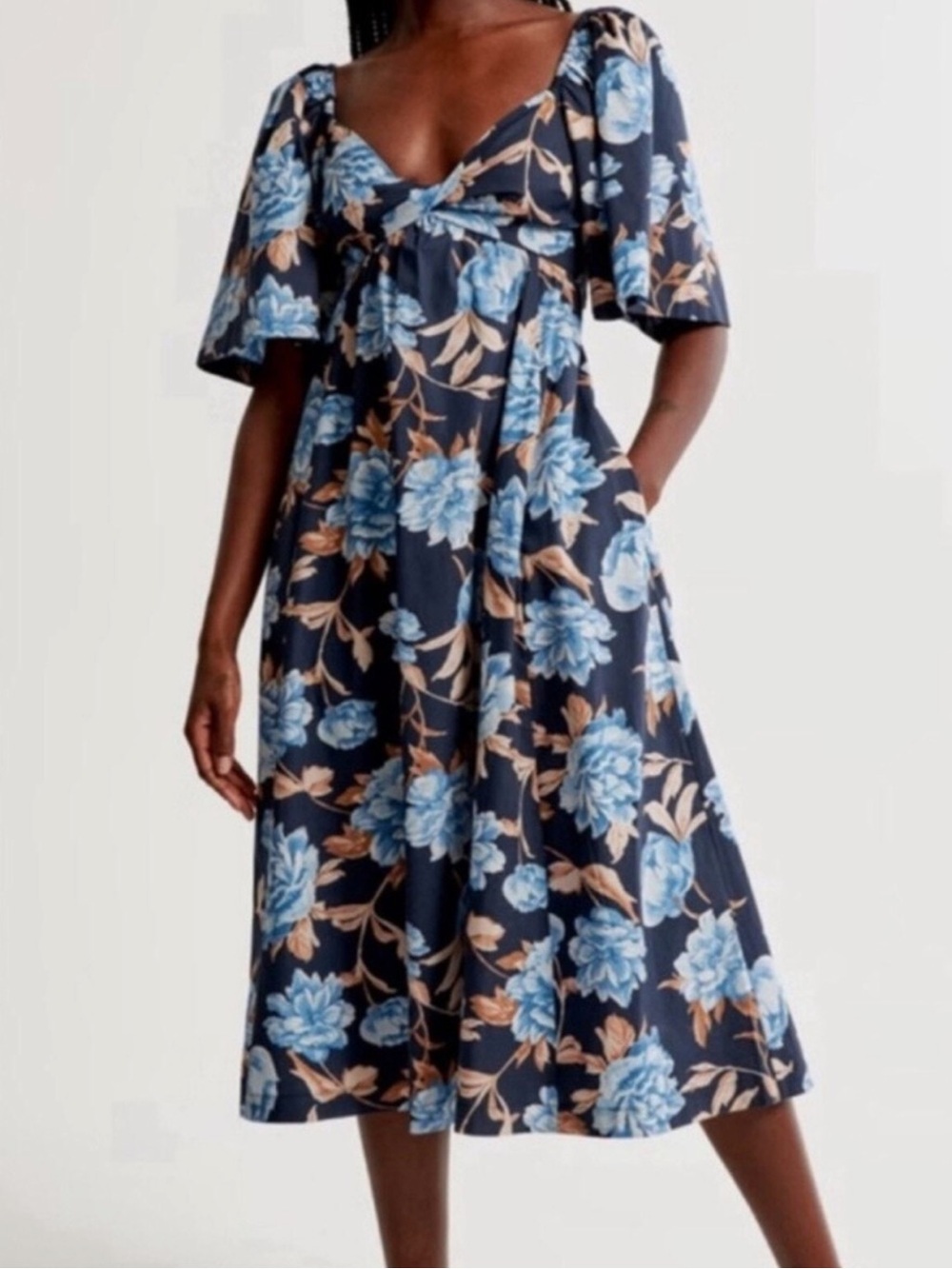 Abercrombie twist front tie back blue floral midi dress